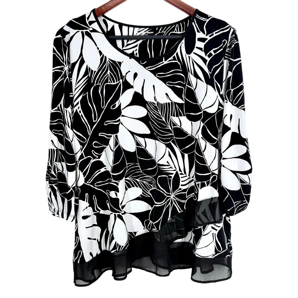 Allison Daley PL Petite Large Stretchy Tropical Black White Blouse Shirt Top